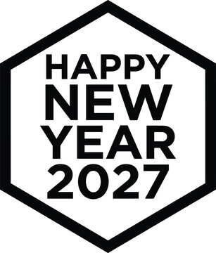 Happy New Year 2027 vector typography design inside modern geometric hexagon frame isolated on white background