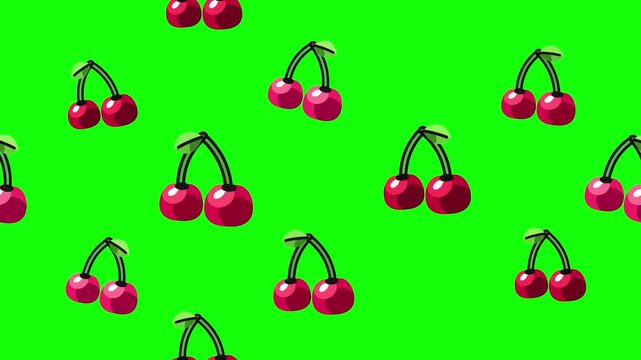 Seamless pattern of red cherry fruit icons with green stems on chroma key background for video editing and high quality motion graphics