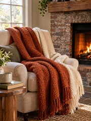 Naklejka premium Rust and Cream Wool Throws on an Armchair Beside a Brick Fireplace
