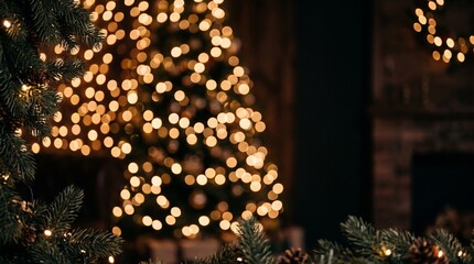 Blurred Christmas Tree Lights and Evergreen Branches Background © MDKAMRUL