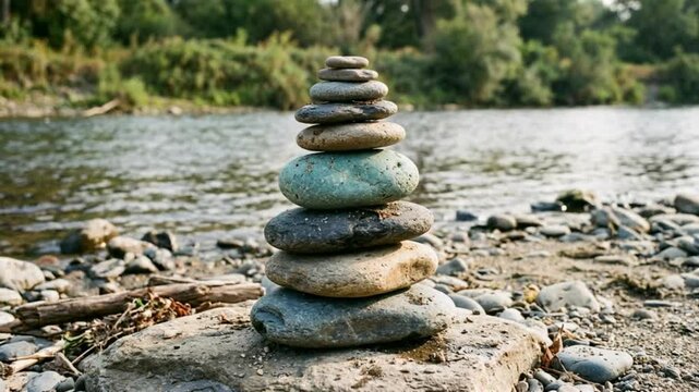 A perfectly balanced stack of smooth river stones, featuring a prominent teal stone, standing tall on a tranquil riverbank.