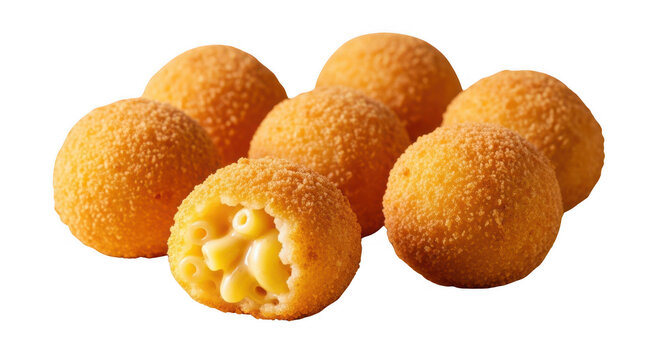 Fried mac and cheese balls with bite on black background