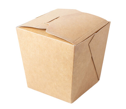 Brown kraft cardboard Asian takeout box, isolated on transparent cutout background