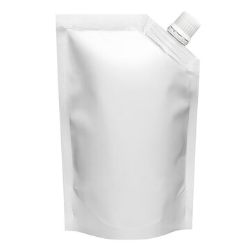 White spout pouch with screw cap and blank surface, isolated on transparent cutout background