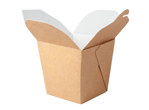 Open brown cardboard takeout food box, isolated on transparent cutout background