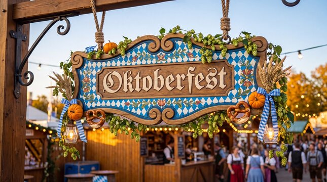 Decorative Oktoberfest festival sign at traditional Bavarian fair
