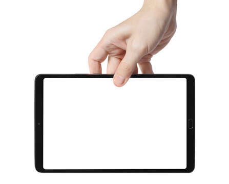Hand holding black tablet with white screen, isolated on transparent cutout background