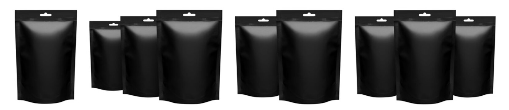 Set of blank black flexible packaging bags with zippers, isolated on transparent cutout background