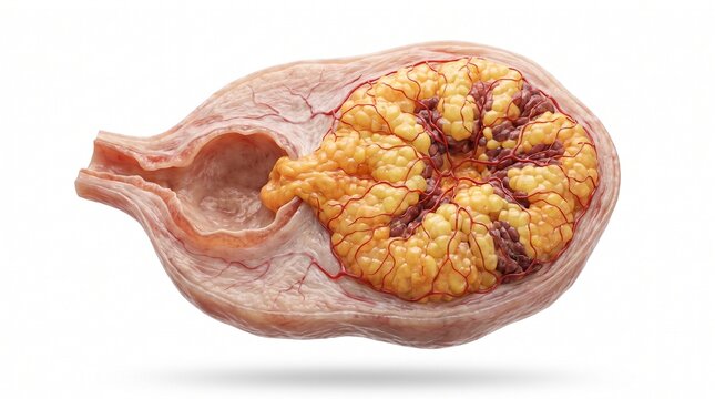 Anatomical cross section of a human gallbladder showing gallstones with medical anato
