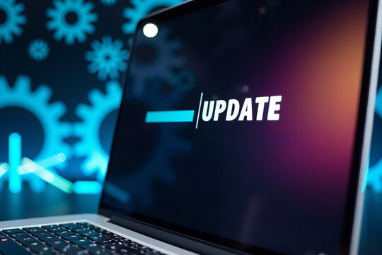 A detailed shot of a laptop screen showing progress bar for software update, with gears symbolizing technological advancement in business.