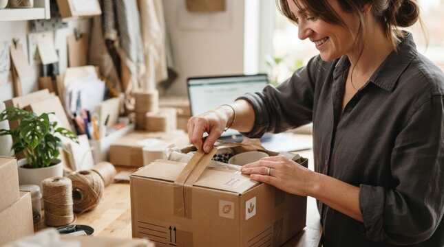 small business first online order packing Woman packing a cardboard box in a cozy, organized home office workspace