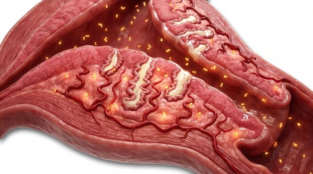Detailed close-up view of human fallopian tube inner lining showing mucosal folds