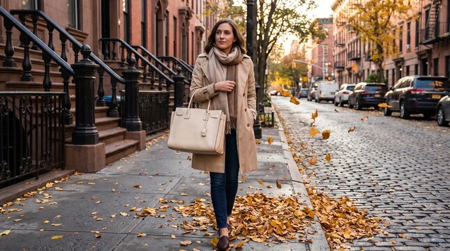 Woman in a beige coat carrying a large white tote bag walking along a cobblestone street with fallen autumn leaves, brick townhouses with stoops and iron railings, parked cars and trees in the backgro