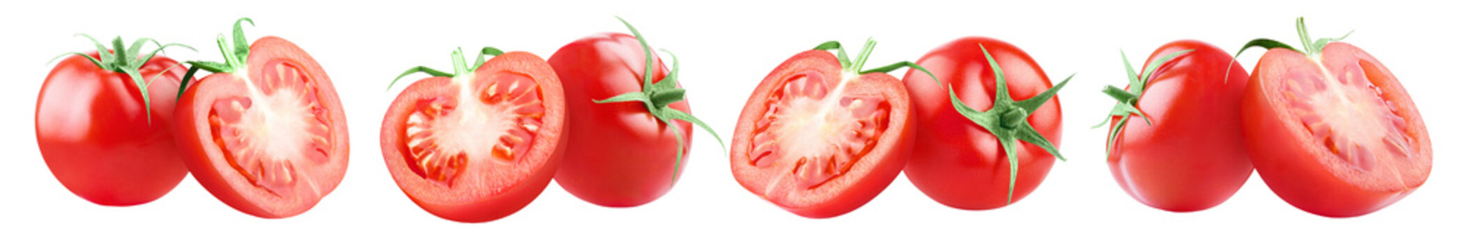 Set of ripe red tomatoes whole and sliced in half, isolated on transparent cutout background