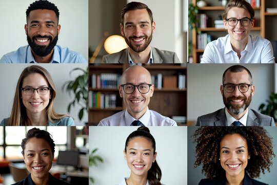 A Dynamic Collage: Diverse Business Professionals in a Video Conference Meeting, featuring Close-up Avatar Headshots Highlighting Individual Personalities