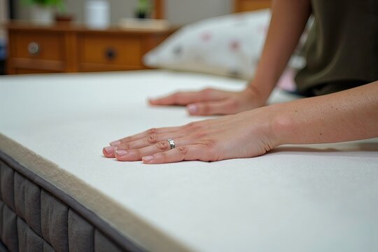 Woman's Hand Testing Orthopedic Memory Foam Core Mattress Softness in Furniture Store.