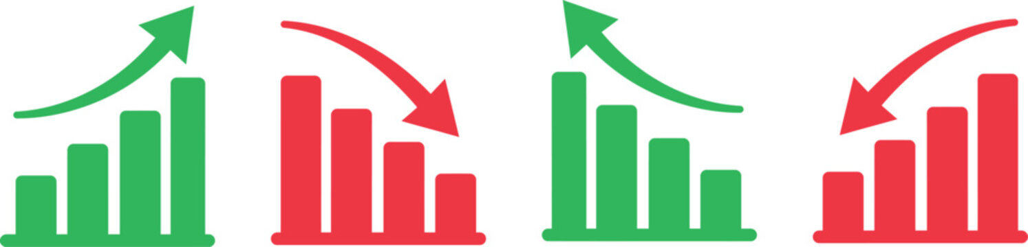 Green growth and red decline trend bar chart vector icons