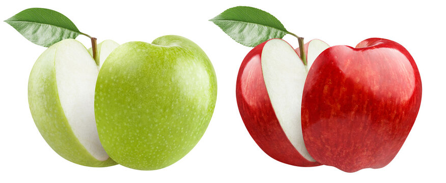 Set of fresh halved green and red apples, isolated on transparent cutout background