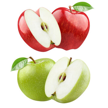 Set of fresh red and green apples, whole and halved, isolated on transparent cutout background