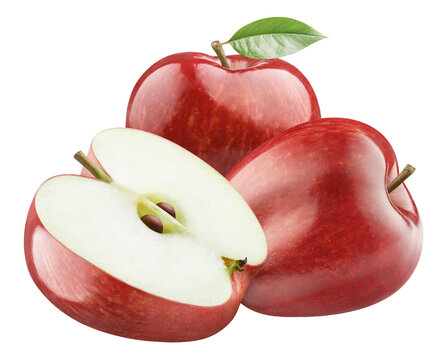 Three fresh ripe red apples, whole and halved, isolated on transparent cutout background