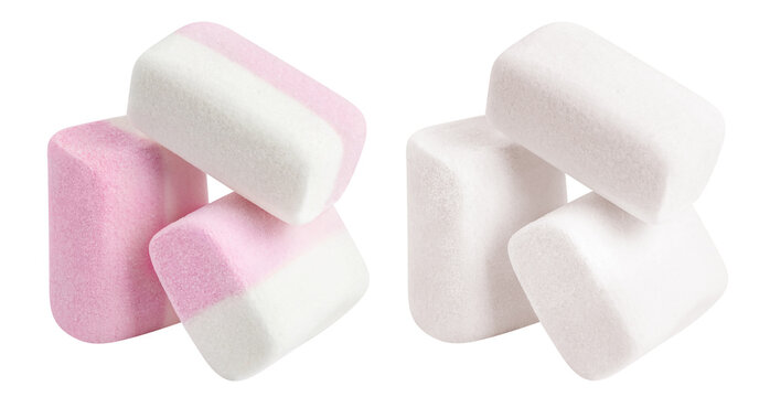 Set of colorful and white marshmallow piles, isolated on transparent cutout background