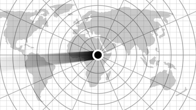 Military radar screen animation with rotating sweep tracking a plane and two approaching UAP targets. An air traffic control tower equipped with radar. High-tech radar scanner for flight coordinates.