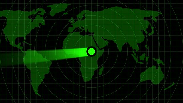 Military radar screen animation with rotating sweep tracking a plane and two approaching UAP targets. An air traffic control tower equipped with radar. High-tech radar scanner for flight coordinates.