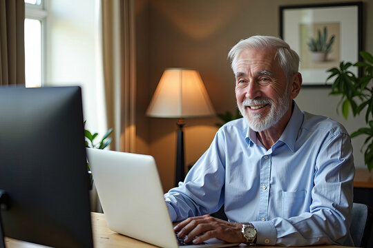 Confident elderly man video chatting from his home office desk.