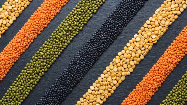 Top-down flat lay of colorful lentils and pulses in neat rows, yellow red and green dal texture