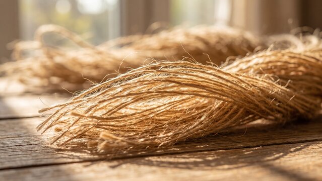 Macro of natural jute fiber strands in warm daylight, golden sustainable material texture