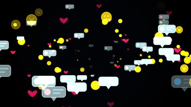 Social media engagement background, with floating chat, bubbles, emojis, and, heart icons for, digital marketing and, online communication concepts