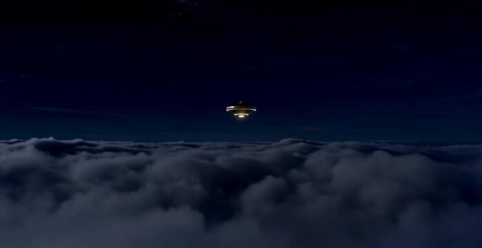 Mysterious unidentified aerial object hovering above clouds at night