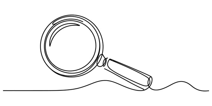Continuous single line drawing of a magnifying glass for scientific research and inspection of small details in a minimal flat icon style design isolated on transparent background