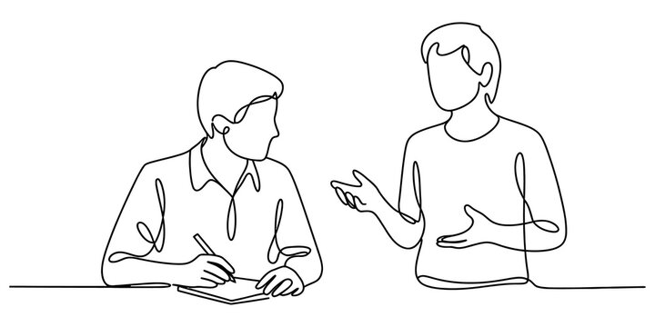 Continuous line drawing of two people talking and working together in an office meeting with one person writing notes on paper during a business discussion isolated on transparent background