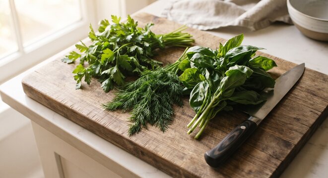 Fresh herbs bunch on wooden cutting board with knife, kitchen scene