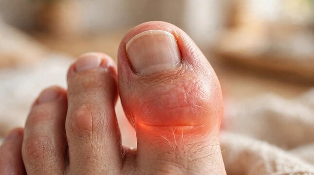 Big toe pain concept, closeup red swollen big toe with glowing highlight, gout toe arthritis inflammation bunion ingrown toenail infection injury, foot ache, medical healthcare