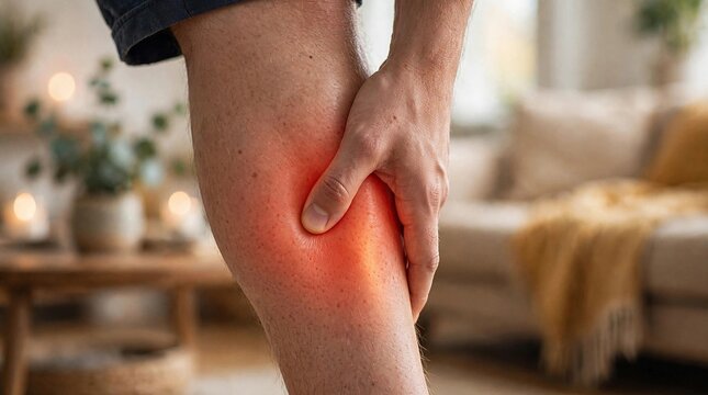 Shin pain concept, hand pressed on sore shin with red glowing highlight, shin splints overuse running injury stress fracture compartment syndrome inflammation, leg ache healthcare