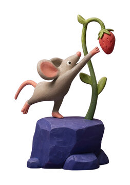 PNG Whimsical mouse reaching strawberry, handcrafted 3D mobile wallpaper, transparent background