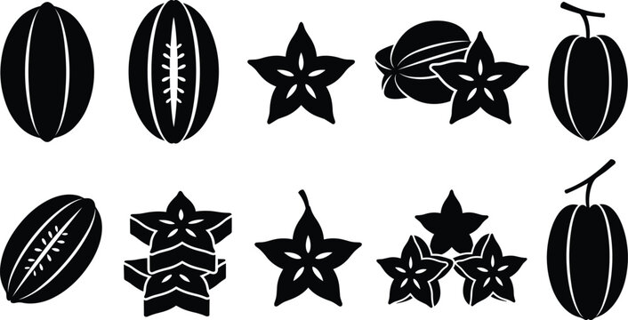 Starfruit set includes whole sliced and multiple pieces vector black silhouettes illustration