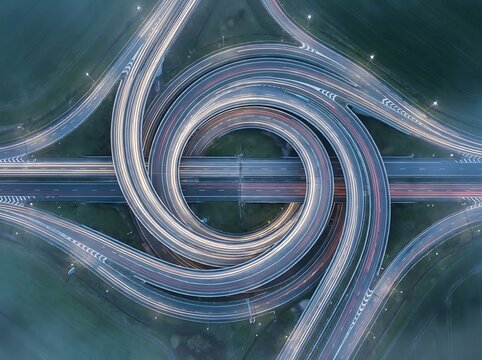 Aerial view of a spiraling highway interchange junction at night with spiral road traffic flow urban infrastruct