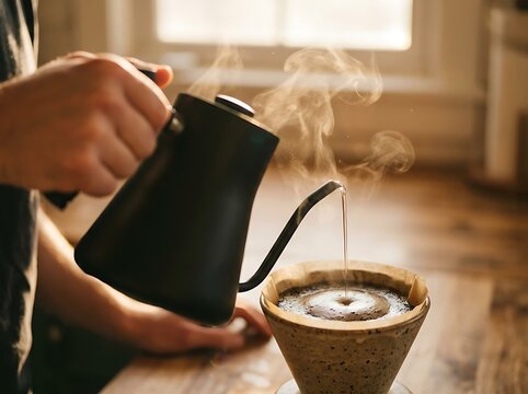 Close up of someone pouring hot water into a coffee dripper with filter for fresh brew pour over coffee brewing