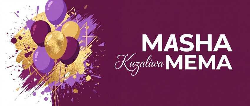 Swahili Happy Birthday Banner Background with Purple Gold Balloons Brush Stroke Splatter for Festive Birthday Greeting Card Celebration Header Template Masha Kuzaliwa Mema Luxury Party Background
