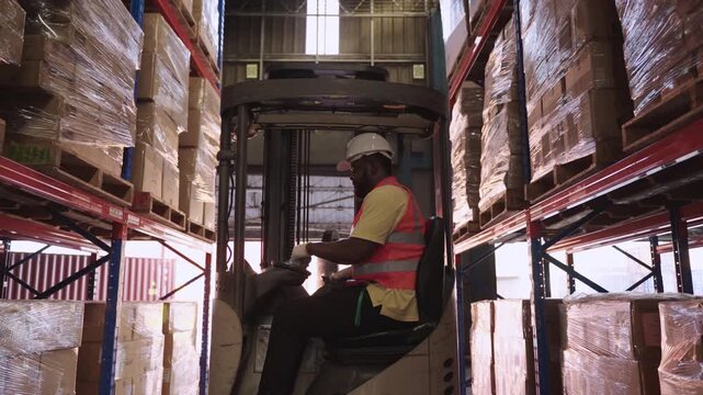 Professional African American male driver worker in uniform wearing safety helmet is working, driving forklift truck to move pallet cargo boxes on shelf for delivery in distribution warehouse. 