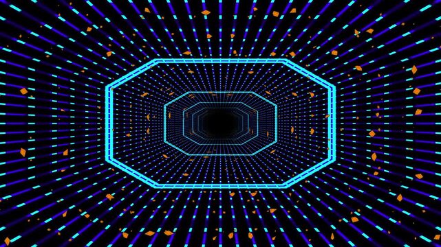 Abstract futuristic neon tunnel with blue octagonal glowing frames and radiating light particles in cyberspace background
