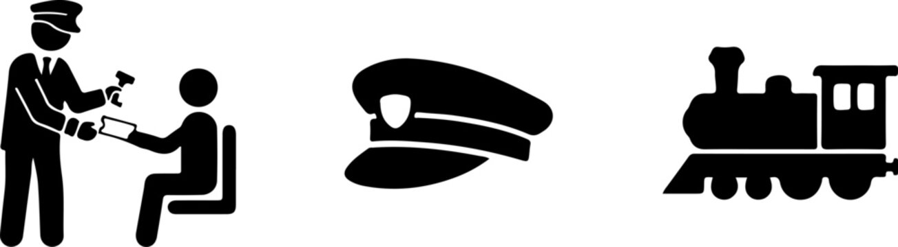 Train Conductor Checking Passenger Ticket with Conductor Cap and Train Black Silhouette Icons