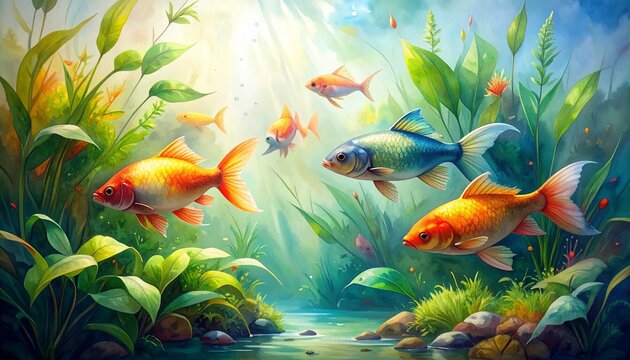 A calm photorealistic composition featuring vibrant multicolored fish surrounded by gently flowing aquatic plants, elongated leaves, soft organic shapes, harmonious color combinations.