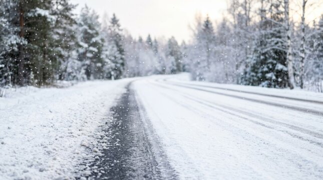 Snowy asphalt road edge with icy texture and faint lane markings in a winter forest landscape offering ample copy space for seasonal transport and safety messaging