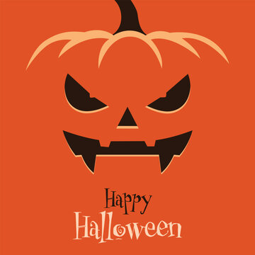 Happy Halloween Pumpkin Face Poster, Spooky Jack O Lantern Illustration on Orange Background. Happy Halloween text on an orange background.