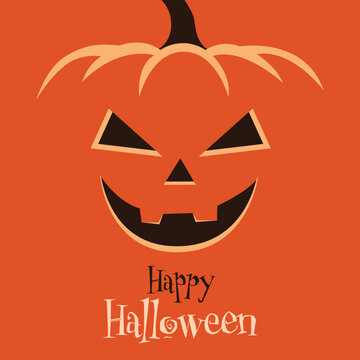 Happy Halloween Pumpkin Face Poster, Spooky Jack O Lantern Illustration on Orange Background. Happy Halloween text on an orange background.