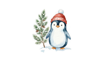 Obraz premium Watercolor illustration of a cute penguin wearing a red winter hat standing next to a small pine tree isolated on transparent background
